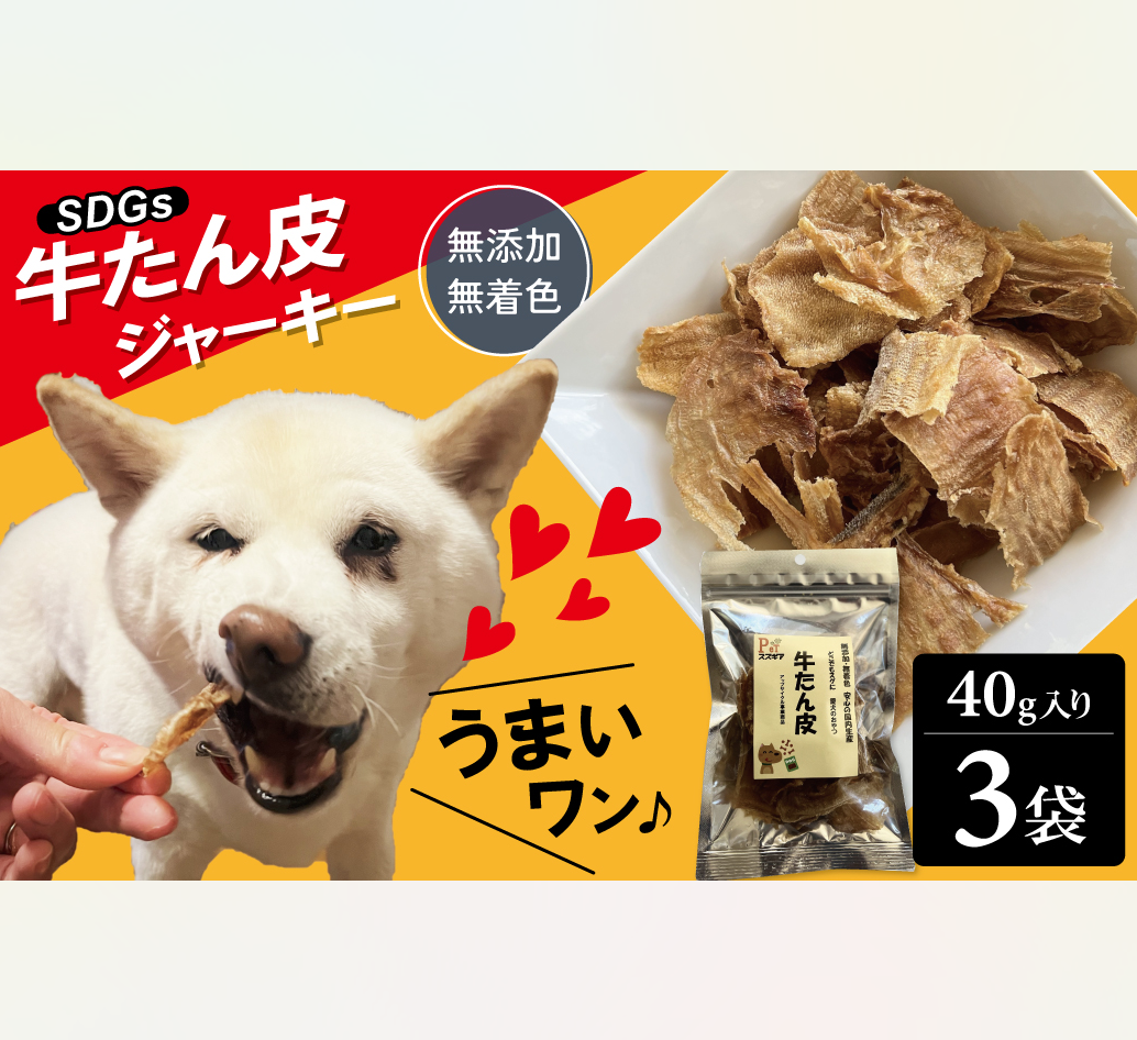愛犬のおやつ 牛たん皮 40ｇ×3個入り 無添加 無着色 安心 国内生産 愛犬 おやつ ワンちゃん わんこ 喜ぶ ジャーキー SDGｓ H160-010