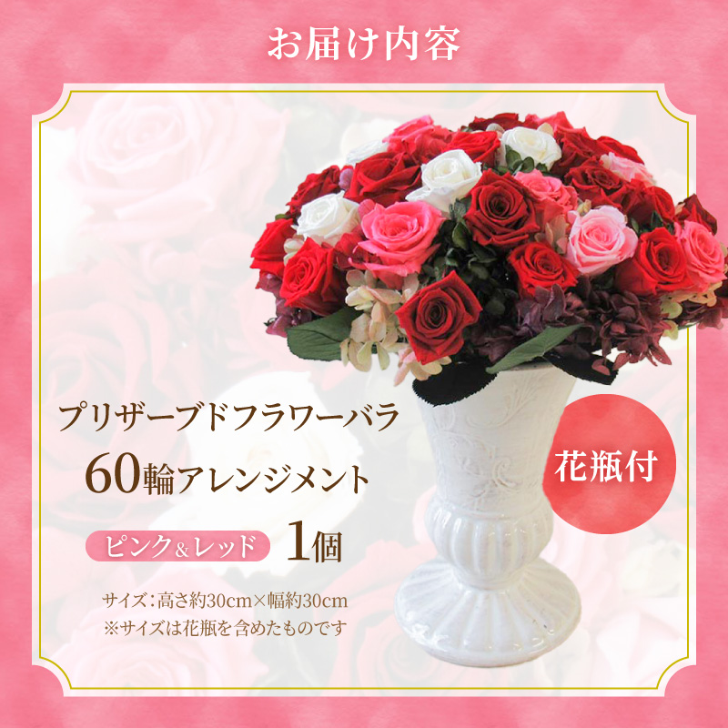 【日付指定可能】プリザーブドフラワーローズ（ピンク＆レッド）60輪のアレンジメント 薔薇 バラ ギフト プレゼント ラッピング 産地直送 インテリア お花 フラワー ボリューム満点 H193-020