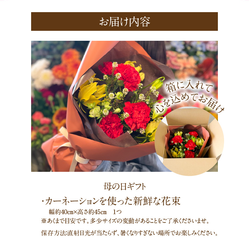 【母の日ギフト】カーネーションを使った新鮮な花束 グロリオサ バラ 赤カーネーション プレゼント 贈り物 贈答 生花 碧南市産 H143-018