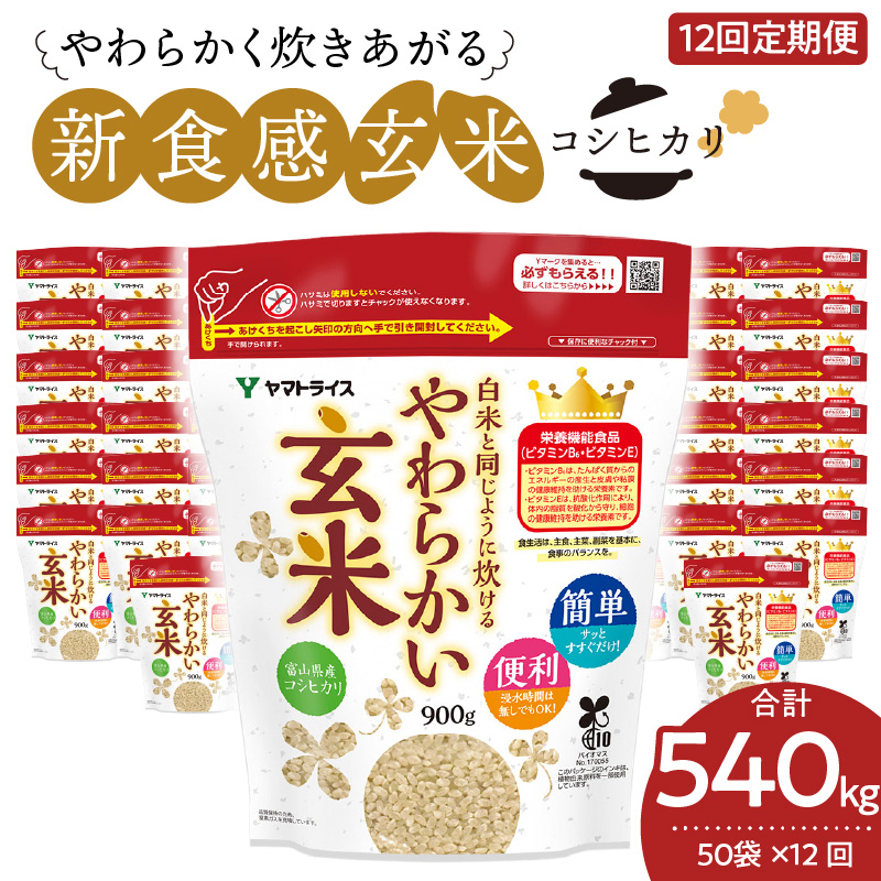 やわらかい玄米 900g×50袋　※定期便12回　小分け 米 こめ コメ ごはん 栄養豊富 簡単 便利 美容 健康 新食感 もちもち 安心安全なヤマトライス　H074-636
