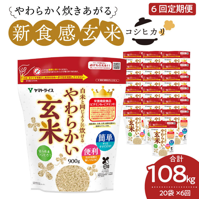 やわらかい玄米 900g×20袋　※定期便6回　小分け 米 こめ コメ ごはん 栄養豊富 簡単 便利 美容 健康 新食感 もちもち 安心安全なヤマトライス　H074-637