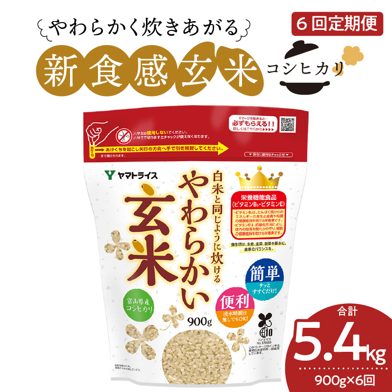 やわらかい玄米 900g　※6回定期便　小分け 米 こめ コメ ごはん 栄養豊富 簡単 便利 美容 健康 新食感 もちもち 安心安全なヤマトライス　H074-648
