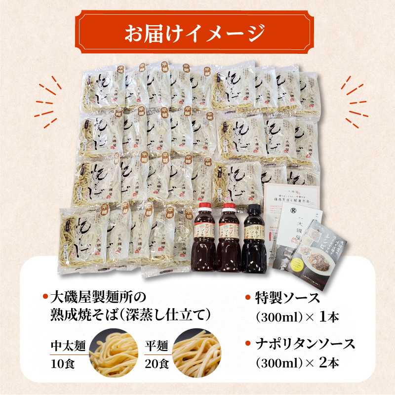 メディア紹介多数！大磯屋製麺所の熟成焼そば（深蒸し仕立て） 30食(中太麺＆平麺) 特製ソース1本・ナポリタンソース2本付き　H014-030