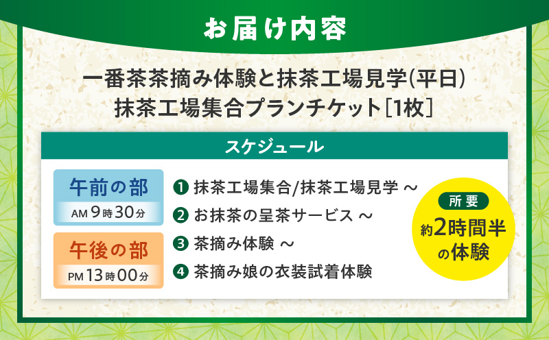 【体験期間4月末～5月中旬】一番茶茶摘み体験と抹茶工場見学(平日)チケット1名分・N065