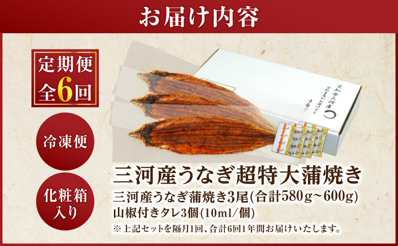 【定期便】三河産うなぎ「超特大蒲焼き3尾(合計580～600g)」×6回(隔月1回 1年間)・A192