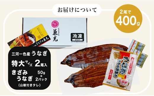 愛知県三河一色産うなぎ蒲焼き特大サイズ2尾+きざみうなぎ2食入りセット(長焼き2尾で400g+ きざみうなぎ50g×2食) 国産 愛知県産 西尾市産 西尾市一色産 うなぎの兼光 鰻 ウナギ 蒲焼き 惣菜 総菜 タレ付き たれセット 巨大 きざみ キザミ 刻み 丑の日 土用の丑の日・U022-18