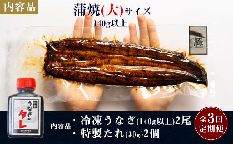 【定期便】三河一色産うなぎ 蒲焼大2尾(計280g以上)×3回 国産 鰻 愛知・R012-600