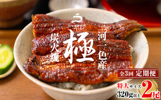 【定期便】三河一色産 うなぎ蒲焼特大2尾(計320g以上)×3回  国産 鰻 愛知・R013-630