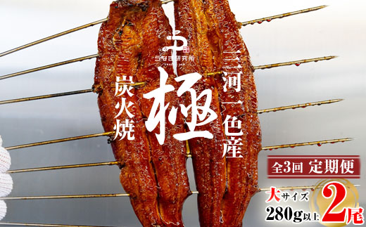 【定期便】三河一色産うなぎ 蒲焼大2尾(計280g以上)×3回 国産 鰻 愛知・R012-600