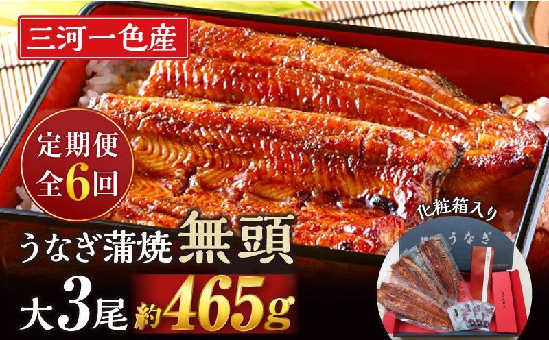【定期便】三河一色産うなぎ蒲焼　大サイズ無頭3尾入り×6回(毎月)・M118-1680