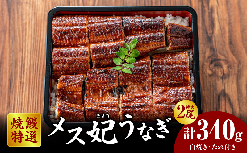焼鰻特選メス妃うなぎ特大2尾　計340g　（白焼き・たれ付き）・Y098-240