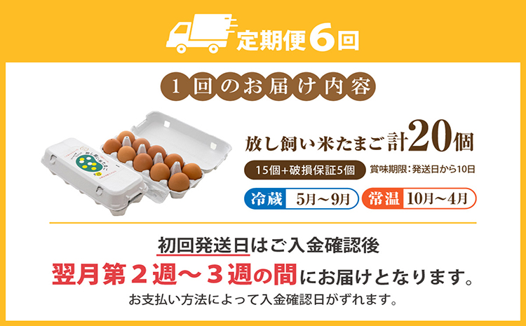 【６か月定期便】放し飼い米たまご15個+5個保証（計20個）