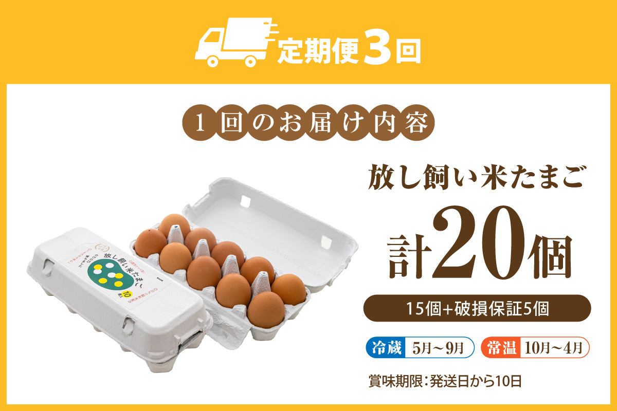 【３か月定期便】放し飼い米たまご15個+5個保証（計20個）