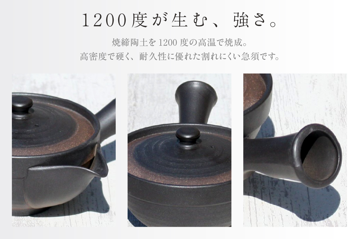 常滑焼 焼締黒化粧 浅平型広口急須 楽捨て構造 セラメッシュ（陶製茶こし）