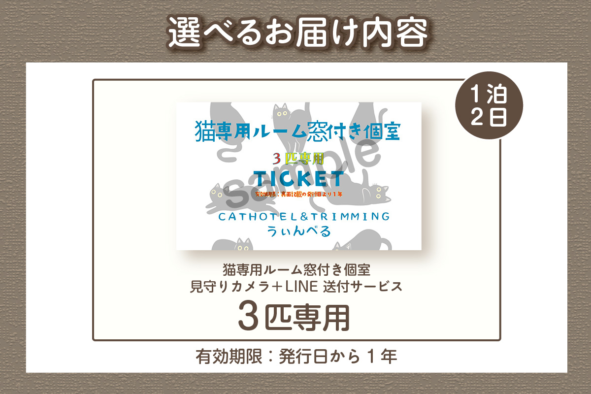 CAT HOTEL & TRIMMINGããããã¹ãã宿æ³å©çšåžã3å¹å°çšãã©ã³âãããããã« ããããšæ³ãŸãã 宿æ³åž ç« ãã£ãã ç«ããã« èŠå®ããµãŒãã¹ ç«å°çšã«ãŒã çªä»ãå宀 èŠå®ãã«ã¡ã© 1æ³2æ¥ãã³ã²ãŒãž ããªãã³ã° å®¶ææ
è¡ æç¥ç åžžæ»åž