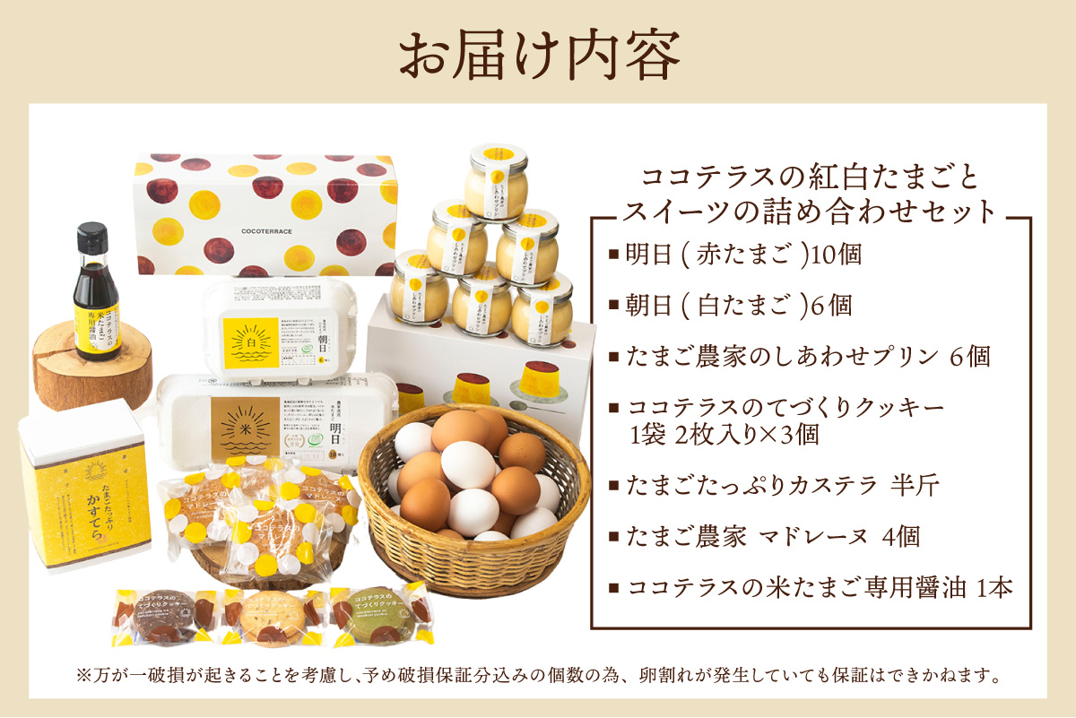 ココテラスの紅白たまごとスイーツの詰め合わせセット｜カステラ マドレーヌ クッキー プリン 醤油 たまご専用醤油 料理 赤卵 白卵 タマゴ 卵 鶏卵 焼き菓子 洋菓子 グルメ スイーツ お取り寄せ 詰め合わせ ギフト 贈り物 プレゼント 愛知県 常滑市