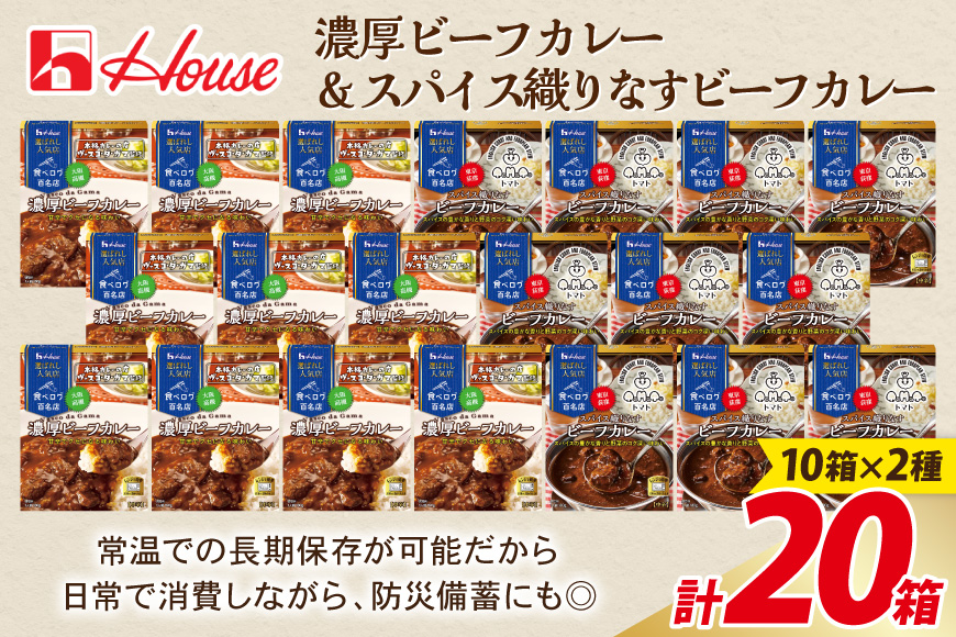カレー レトルト ハウス 選ばれし人気店 濃厚ビーフカレー＆スパイス織りなすビーフカレー 各10個  計20個 [翔栄通商 愛知県 江南市 ko23btu570047] レトルト食品 カレー ビーフ スパイス ハウス食品 濃厚 芳醇 レンジ 湯煎 ストック 大容量 簡単 時短 常温保存 セット ランチ 2種類