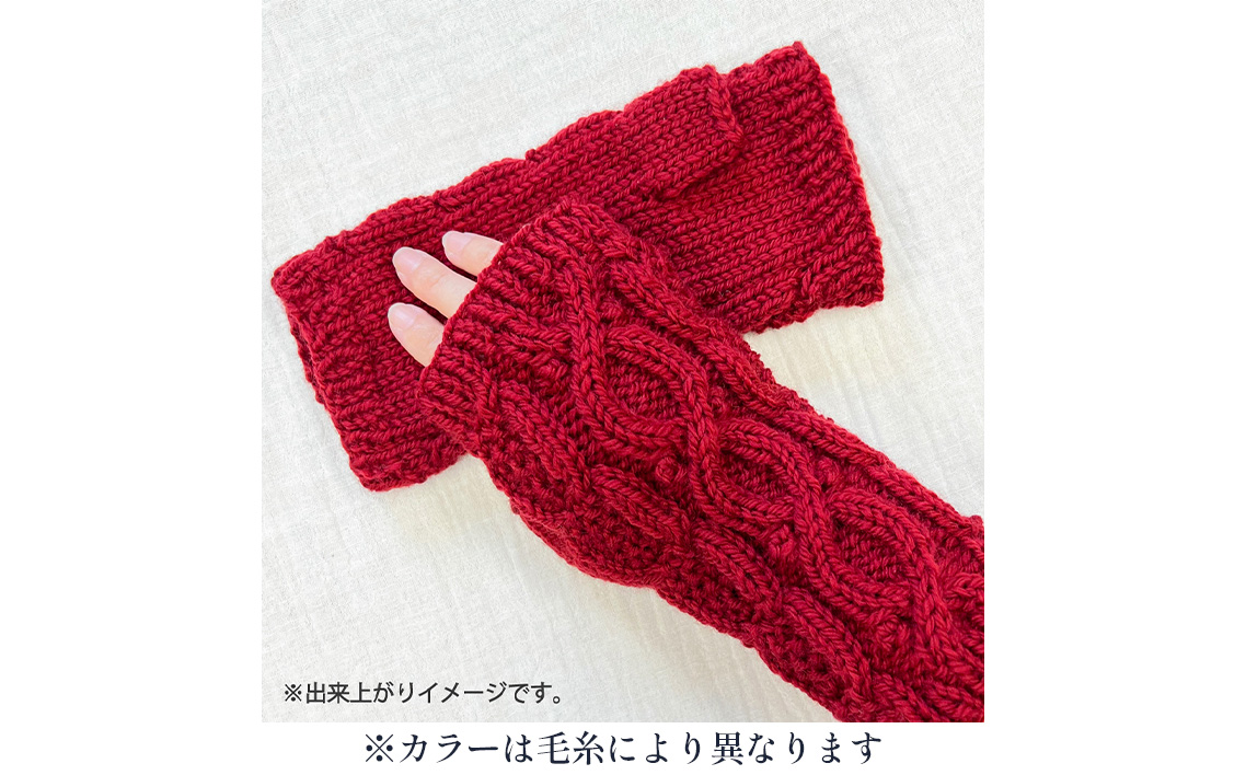 毛糸 2玉で編めるケーブル模様のハンドウォーマーキット 27番色 ／ 編み物キット ハンドウォーマー ウルグアイウール 並太  模様編み ハンドメイド 趣味 手作り 編み図付き 愛知県 No.350