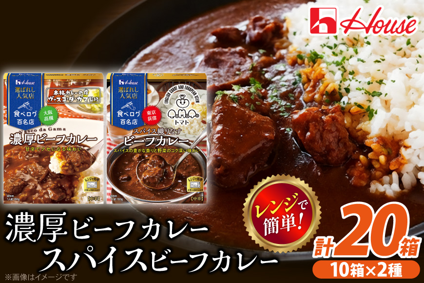 カレー レトルト ハウス 選ばれし人気店 濃厚ビーフカレー＆スパイス織りなすビーフカレー 各10個  計20個 [翔栄通商 愛知県 江南市 ko23btu570047] レトルト食品 カレー ビーフ スパイス ハウス食品 濃厚 芳醇 レンジ 湯煎 ストック 大容量 簡単 時短 常温保存 セット ランチ 2種類