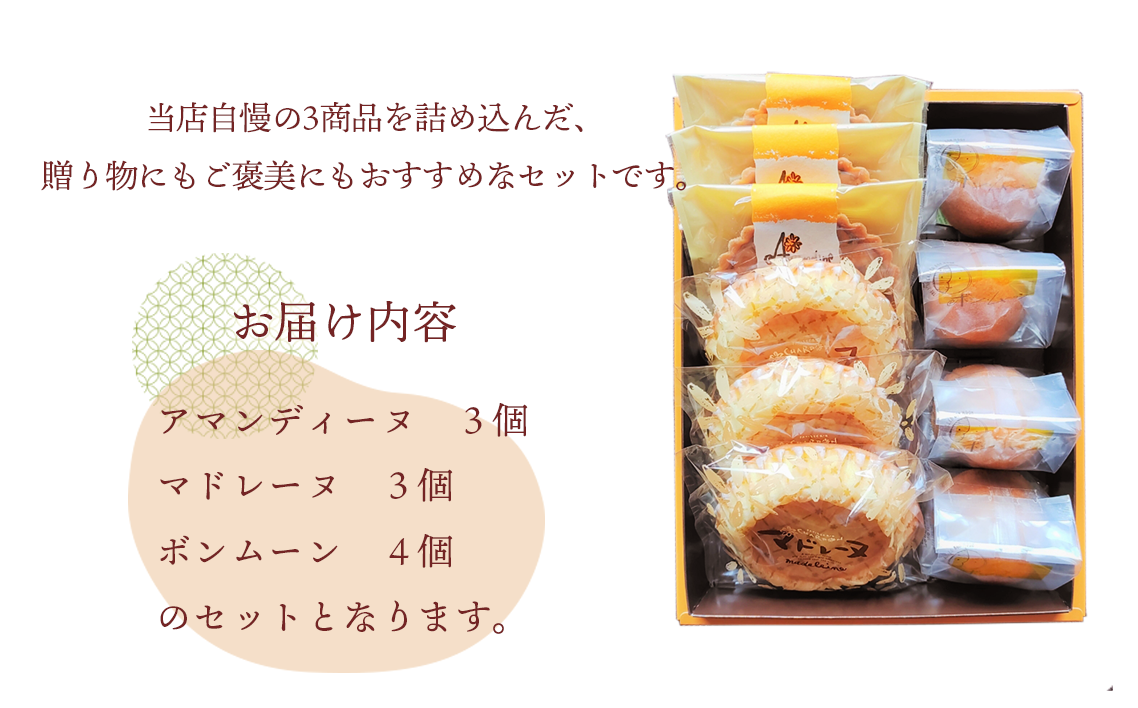奉納品セット 3種10個入り ／ 洋菓子 焼菓子 ギフト 贈り物 詰合せ アーモンド キャラメル バター 菓子 スイーツ デザート アマンディーヌ マドレーヌ ボンムーン 愛知県 No.210