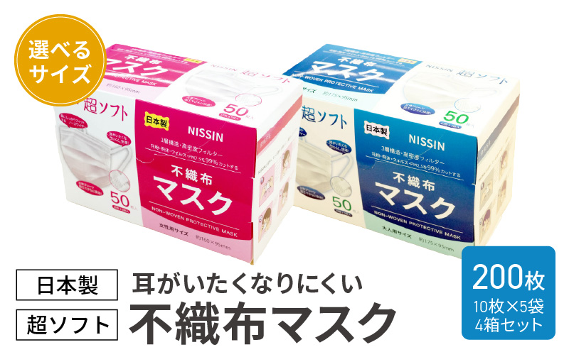 超ソフト 耳がいたくなりにくい不織布マスク（日本製） 200枚入（50枚入（10枚×5袋）4箱セット）【女性用サイズ/大人用サイズ】