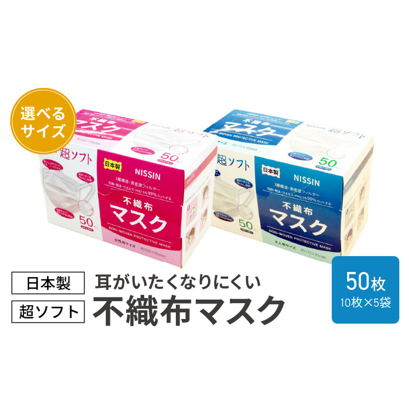 超ソフト 耳がいたくなりにくい不織布マスク（日本製） 50枚入（10枚×5袋入）【女性用サイズ/大人用サイズ】