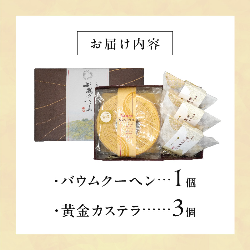 尾張小牧黄金カステラ（名古屋コーチンカステラ）と小牧山城バウムクーヘン（コーチン卵と和三盆糖使用）のセット