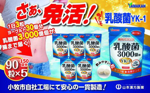 乳酸菌粒 30日分×5袋 約150日分 山本漢方 錠剤 YK‐1 オリゴ糖 食物繊維 健康