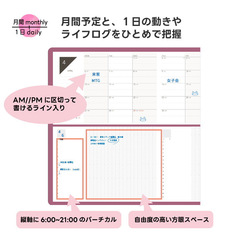 TETEFU　デイリー＆マンスリー「4月始まり」　手帳　ダイアリー　スケジュール帳