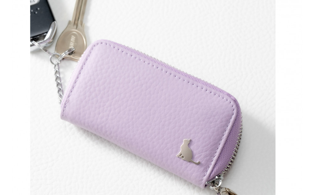 【スマートキー対応 カードが入る本革6連キーケース】＜パープル＞ おしゃれ　可愛い　コンパクト　スリム　猫　レザー
