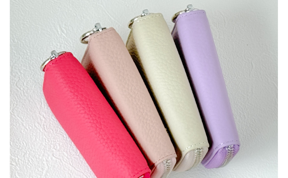 【スマートキー対応 カードが入る本革6連キーケース】＜パープル＞ おしゃれ　可愛い　コンパクト　スリム　猫　レザー