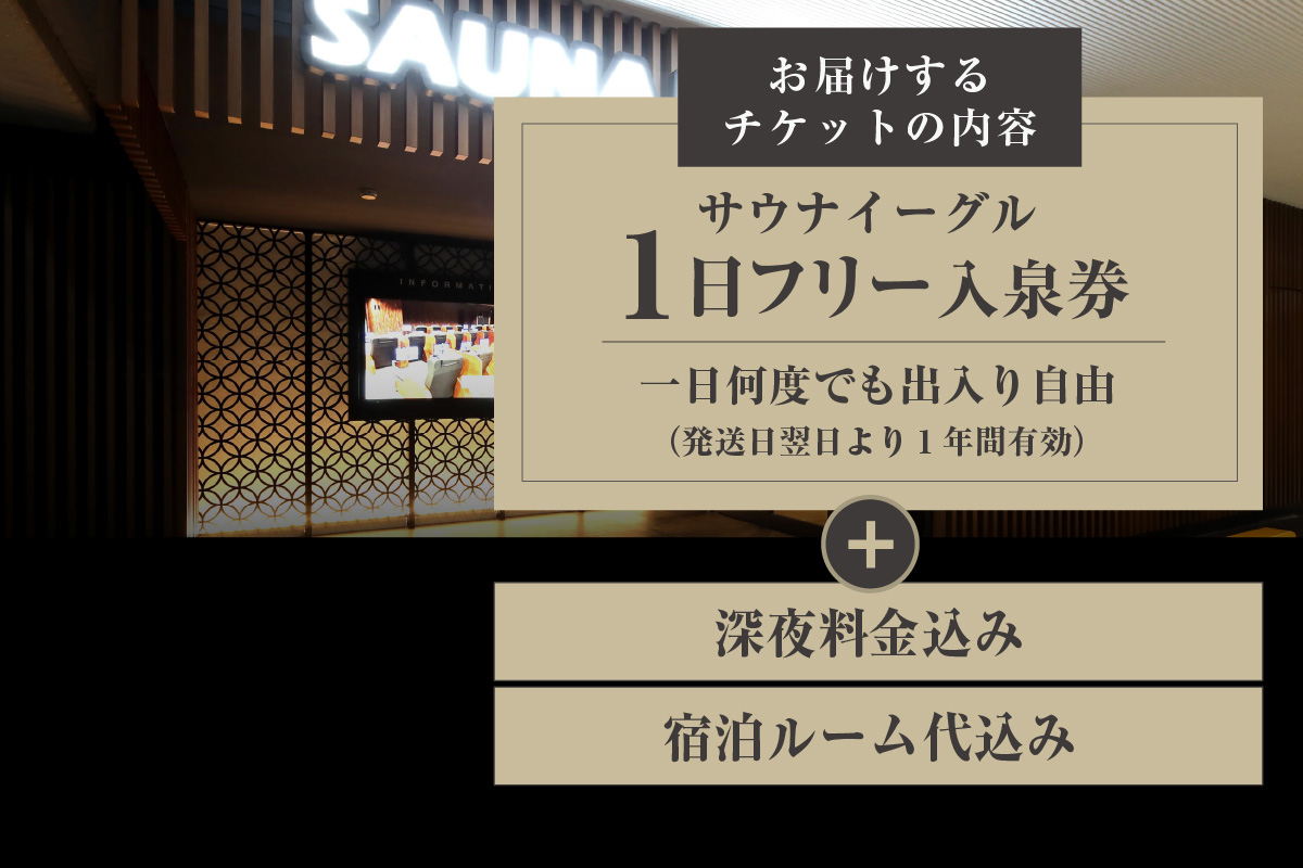 【ふるさと納税限定】　サウナイーグル１日フリー入泉券（深夜料金・宿泊ルーム代込み。１日何度でも出入り自由）		（1708）