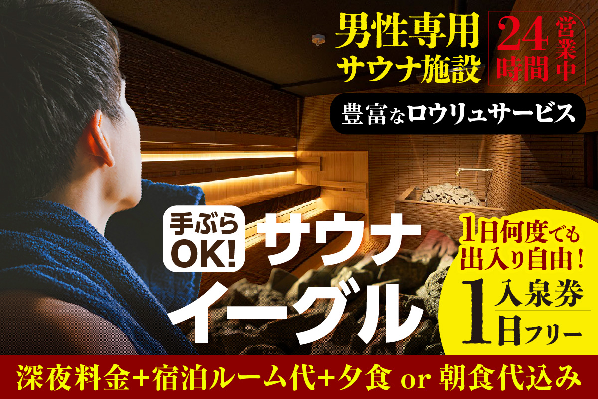 【ふるさと納税限定】　サウナイーグル１日フリー入泉券（深夜料金・宿泊ルーム代・夕食or朝食込み。１日何度でも出入り自由）		（1709）