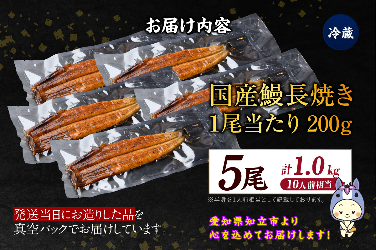 国産特大うなぎ長焼き５尾(約２００ｇ)　合計約１，０００ｇ以上（1665）