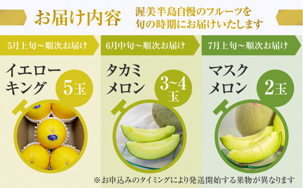 先行予約 渥美半島の恵み メロン 定期便 3回 ( イエローキング / タカミメロン / マスクメロン) 果物 旬 めろん 夏 夏季 食べ比べ 3種 人気 愛知県 田原市 39000円 頒布会