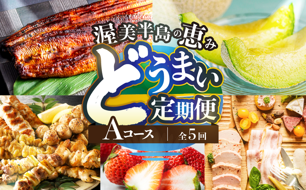 渥美半島の恵み どうまい 定期便 5回 Aコース （ いちご 焼き鳥 うなぎ メロン 豚肉 ハム ソーセージ ) 青うなぎ 名古屋コーチン マスクメロン ご当地 人気 頒布会