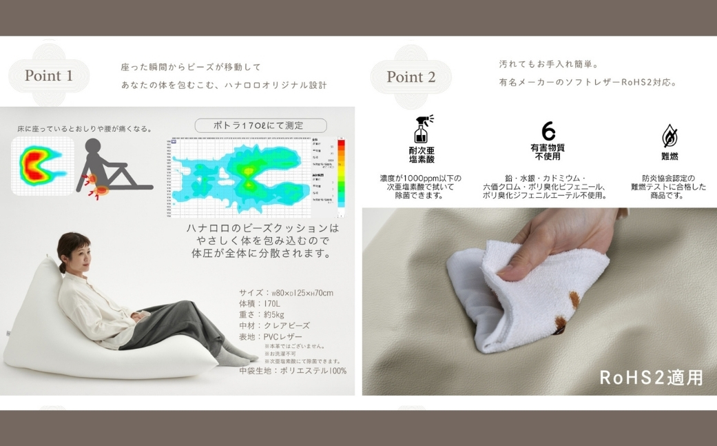【パールホワイト】ハナロロ ビーズクッション ポトラ 170リットル レザーカバーセット