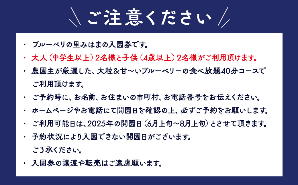 【食べ放題！】ブルーベリ狩り入園券 大人2名分+子供2名分