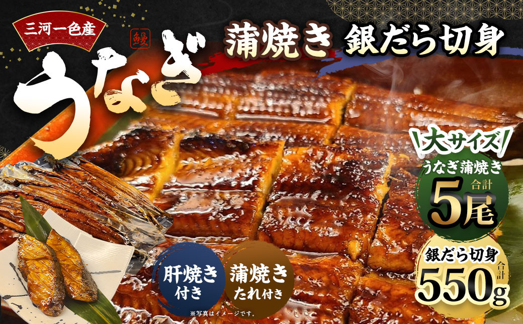 三河一色産 うなぎ蒲焼き 大5尾 + 銀たら 照り焼き 550g 蒲焼きたれ セット 簡単調理 冷凍