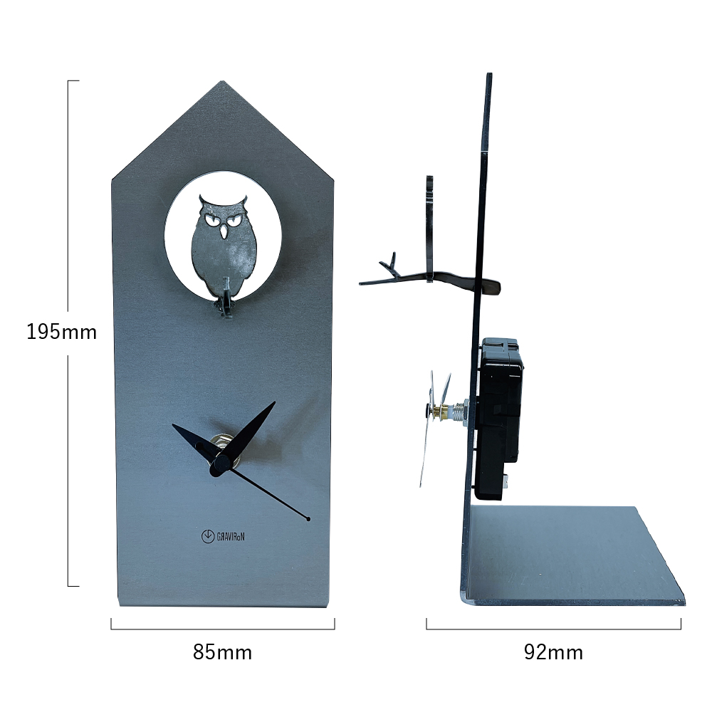 GRAVIRoN Bird Clock ミミズク 黒皮鉄（置き時計）195×85×92mm 390g 時計