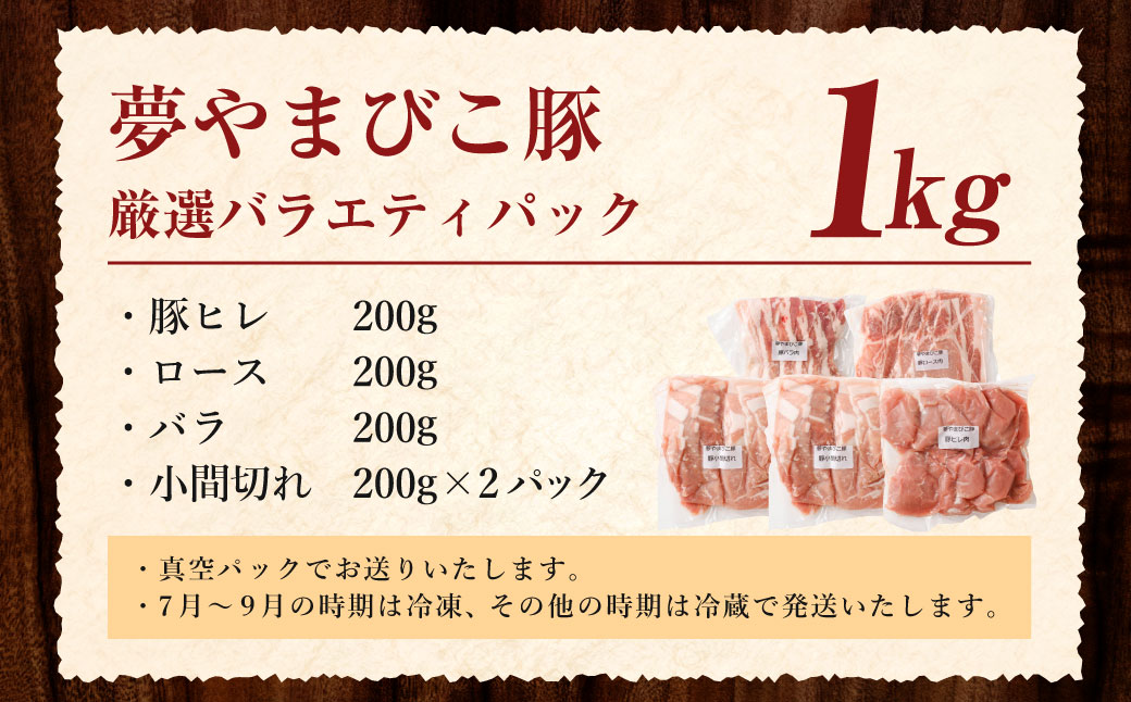 幸田町産「夢やまびこ豚」厳選 バラエティパック 4種類 1kg (ロース・バラ・ヒレ・小間切れ)  肉 お肉 豚肉