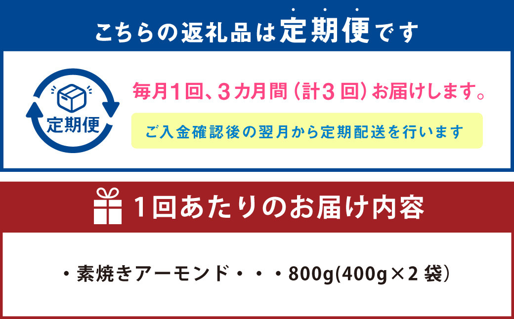 【3回定期便】【ポスト投函】 自家焙煎 素焼きアーモンド 800g（400g×2袋） アーモンド 素焼き 無塩 ロースト