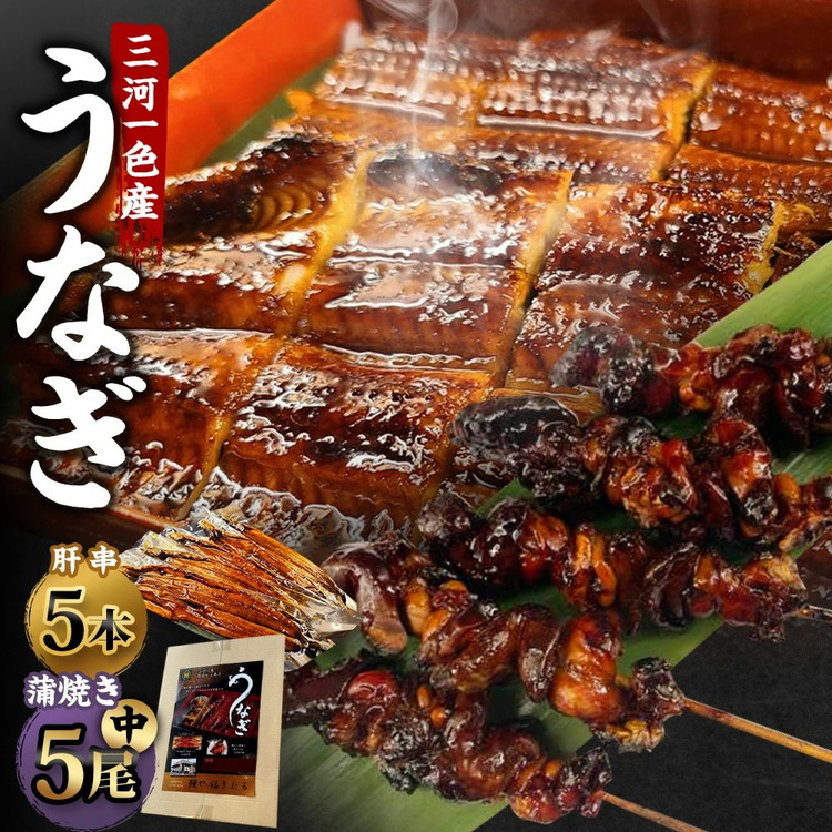   三河一色産 うなぎ蒲焼き 中5尾 ＋ 肝串焼き 5本 蒲焼タレ 肝串焼き 鰻 お魚 湯煎 惣菜 セット 簡単調理 冷凍 幸田町 送料無料