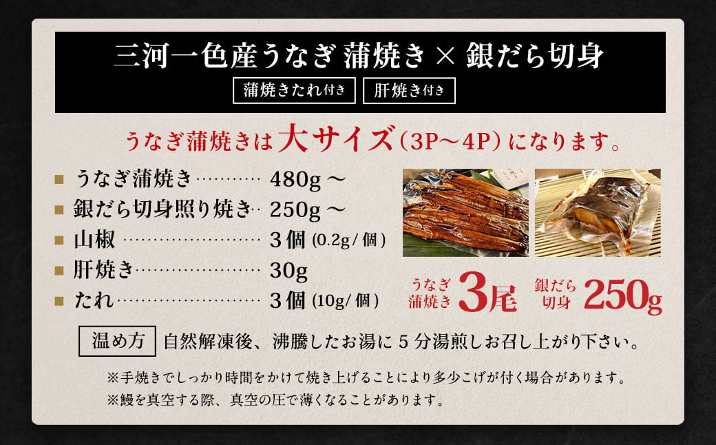 三河一色産 うなぎ蒲焼き 大3尾 + 銀たら 照り焼き 250g 蒲焼きたれ セット 簡単調理 冷凍