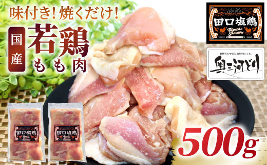 奥三河どり使用！ 田口塩鶏 味付け もも肉 500g (250g×2）塩ダレ 味付け肉 鶏肉 鶏 肉 キャンプ バーベキュー 味付け肉 大容量 手軽 焼くだけ 地鶏 焼肉 焼き鳥　-173