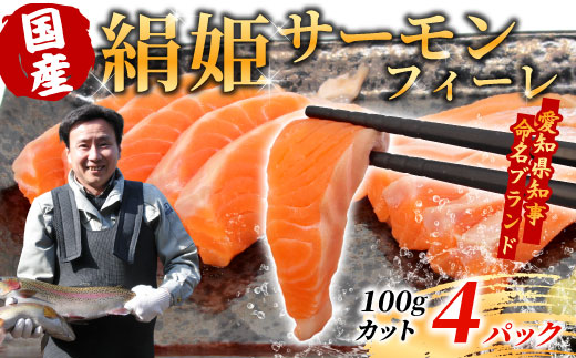 国産サーモン 生食可 無添加 絹姫サーモン カット 400g（100g×４) スペシャルトラウトサーモン 冷凍フィーレトラウトサーモン 鮭 魚 刺身 お刺身 ご当地 天然 産地直送 川育ち 味付けなし 魚介 魚介類 -121