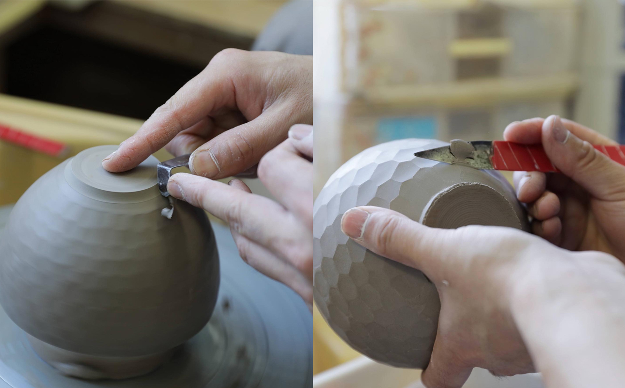 【萬古焼（ばんこやき）】愛着が色にでる茶器。焼き上がりから、使い込む程に色が変わる。萬古焼の新鋭アーティスト岡井翼。ひとつひとつダイヤの形を彫り込んだ「銀彩ダイヤカット茶碗」【岡井翼　銀彩　ダイヤ　1点もの　三重県 四日市市 四日市】