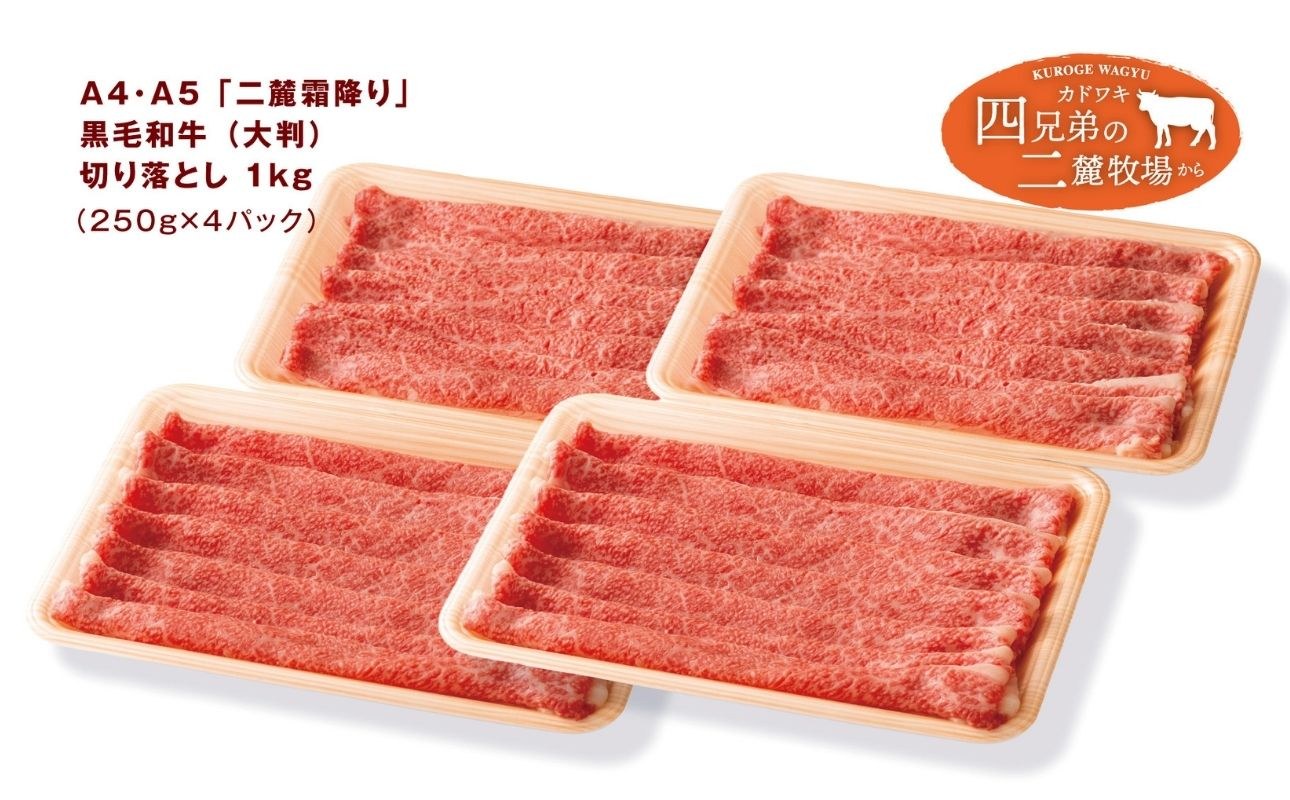 A4･A5「二麓（にろく）霜降り」黒毛和牛（大判）切り落とし 1kg（250g×4）　ニセコ連峰と鈴鹿山脈、二つの麓（ふもと）で育てた脂の質にこだわった美味しい霜降りをリーズナブルに│牛肉 国産牛 ブランド牛 冷凍便 大容量 年末年始 お正月 焼肉 しゃぶしゃぶ すき焼き 三重県 四日市市 ふるさと納税