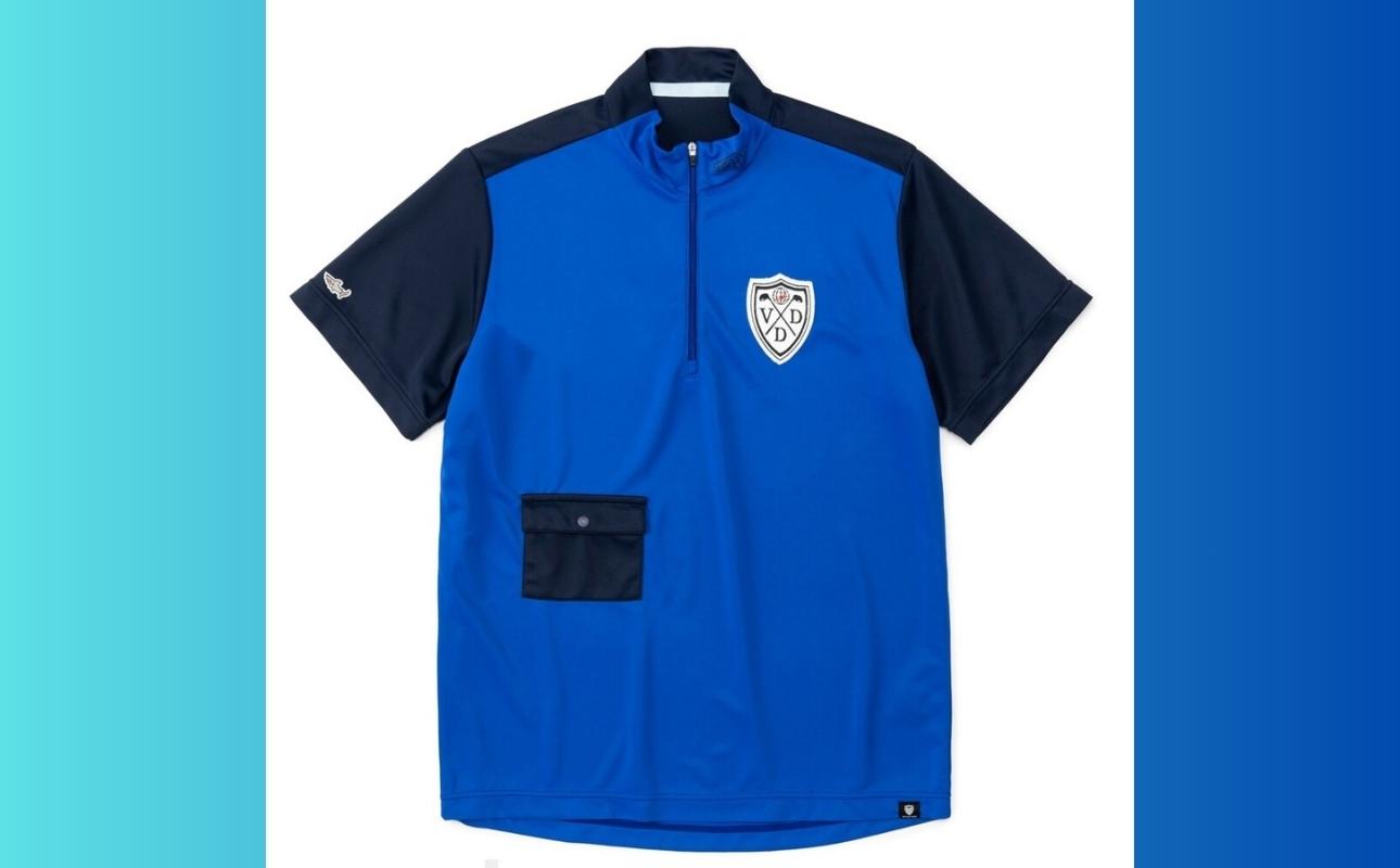 再生ポリエステル使用 サステナブル・ゴルフウェア・ブランド VIRI-DARI (ヴィリダリ) GOLFのウェア 吸水・速乾・UVケア メンズＳ（ブルー×ネイビー）