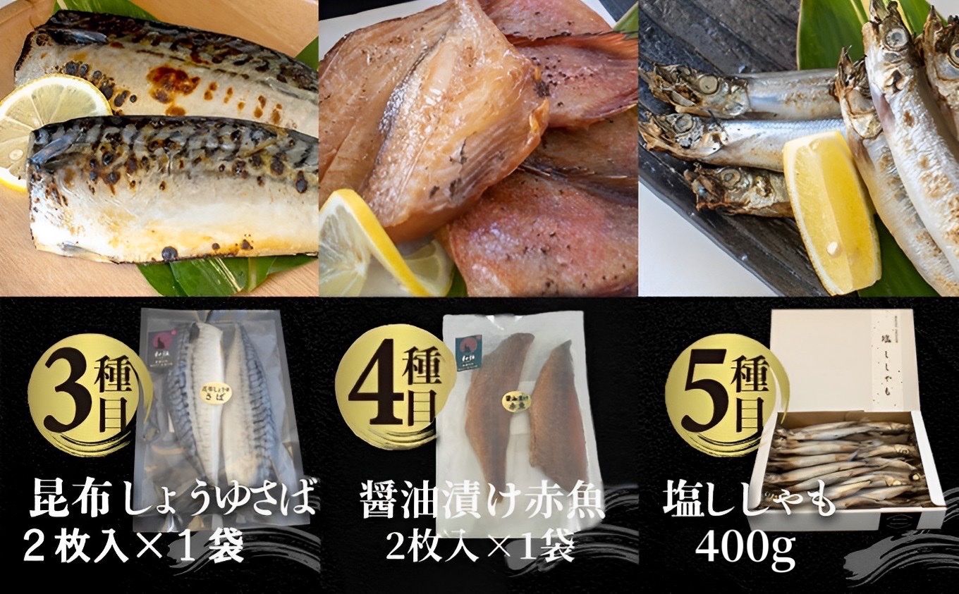 国内加工 水産物詰め合わせ 8種10点セット（炙りさば照り焼き・炙りさば塩だれ焼き・昆布しょうゆさば・醤油漬け赤魚・醤油ししゃも・塩ししゃも・特大ししゃも・ピリ辛ししゃも）